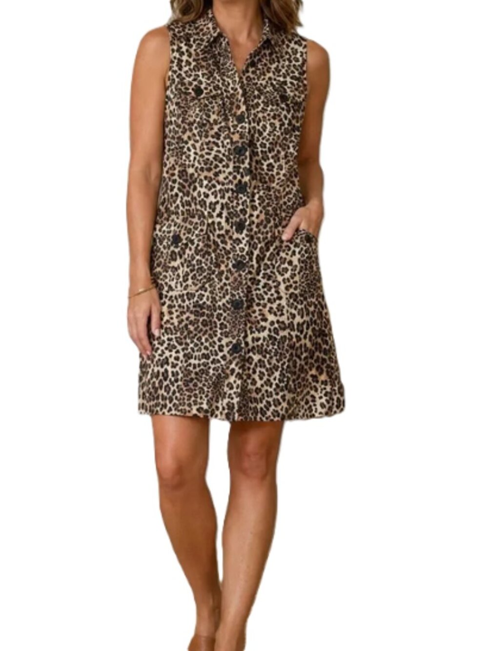 Chico's Leopard Print Sleeveless Safari Shirt Dress size 2